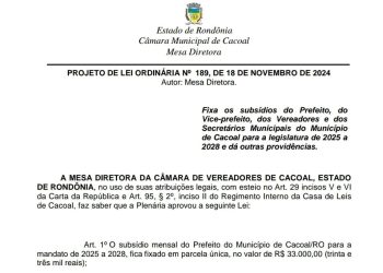 Câmara de Cacoal pode aprovar reajustes salariais de até 70% para o Prefeito, Vice, Vereadores e Secretários Municipais