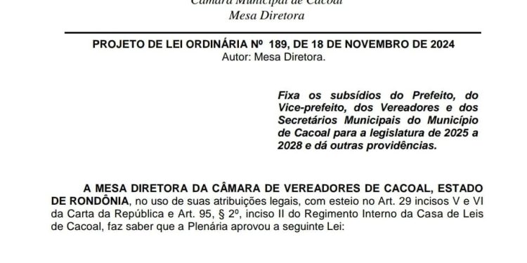 Câmara de Cacoal pode aprovar reajustes salariais de até 70% para o Prefeito, Vice, Vereadores e Secretários Municipais