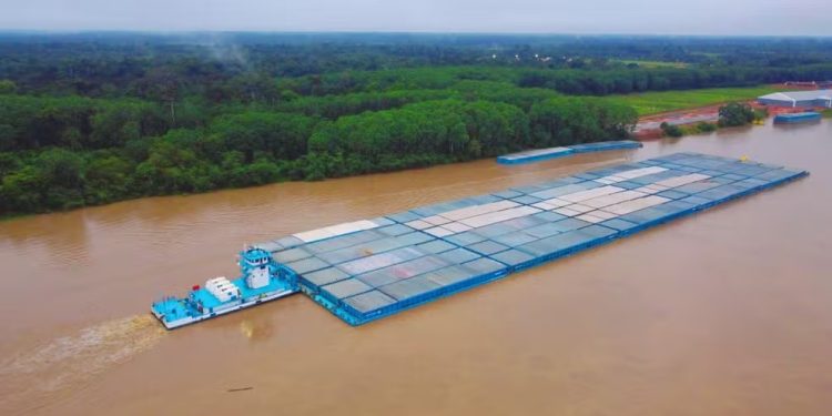 Transporte recorde: Supercomboio cruza o rio Madeira com 75 mil toneladas de soja