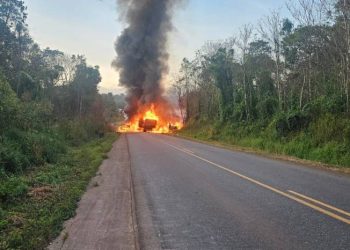 Motorista morre carbonizado após colisão entre carretas na BR-174