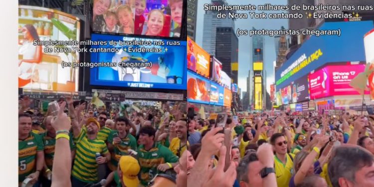 Brasileiros emocionam ao cantar “Evidências” na Times Square antes da estreia da Seleção na Copa; veja o vídeo